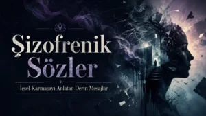 Şizofrenik Sözler başlıklı, içsel karmaşayı anlatan karanlık tonlarda soyut yüz silüeti ve parçalanmış düşünce efektleri içeren blog kapak görseli.
