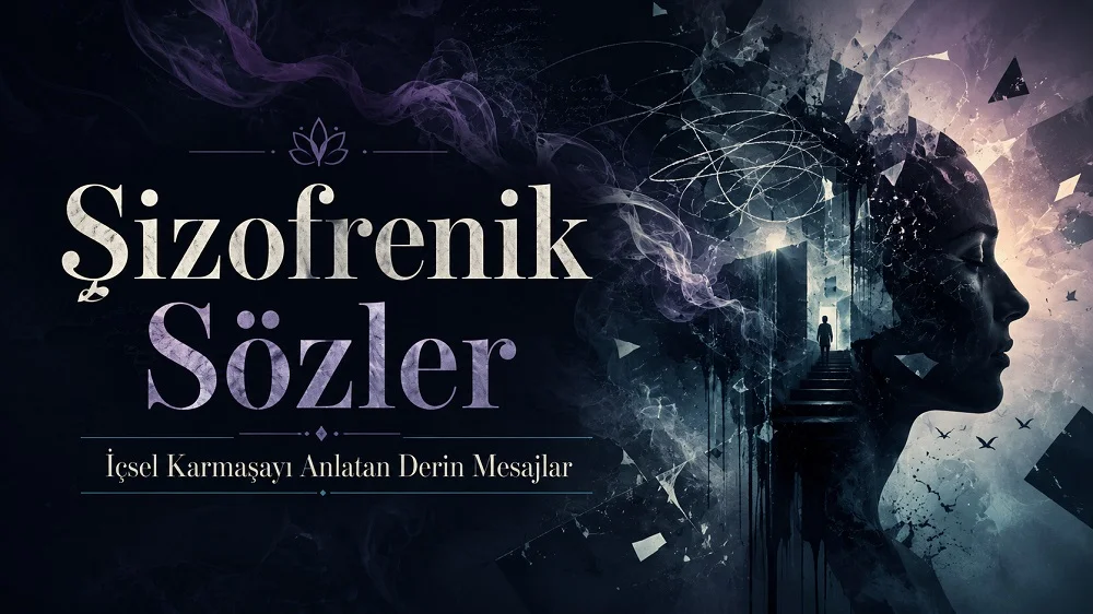 Şizofrenik Sözler başlıklı, içsel karmaşayı anlatan karanlık tonlarda soyut yüz silüeti ve parçalanmış düşünce efektleri içeren blog kapak görseli.