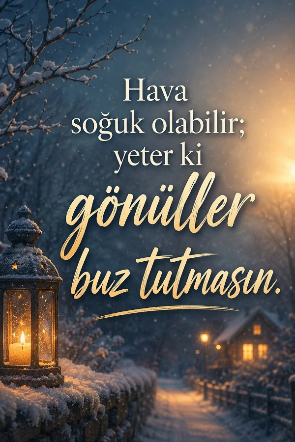 Karlı bir kış manzarasında yanan kandil ve sıcak ışıklı evlerin bulunduğu görselde “Hava soğuk olabilir; yeter ki gönüller buz tutmasın.” sözü yer alıyor.