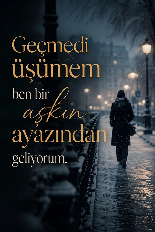 Karlı ve karanlık bir şehir sokağında yürüyen yalnız kişinin yer aldığı görselde “Geçmedi üşümem, ben bir aşkın ayazından geliyorum.” sözü yazıyor.