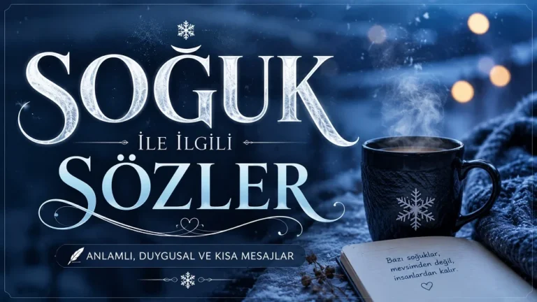 Kış temalı koyu mavi arka plan, sıcak içecek fincanı, kar detayları ve büyük tipografiyle hazırlanmış “Soğuk ile İlgili Sözler: Anlamlı, Duygusal ve Kısa Mesajlar” başlıklı modern kapak görseli.