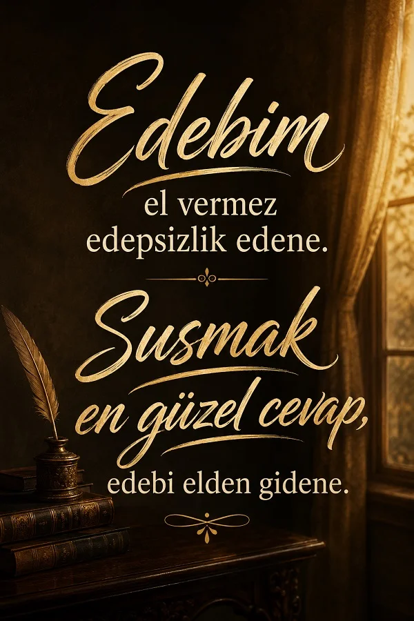 Klasik masa ve pencere detaylı loş bir odada “Edebim el vermez edepsizlik edene. Susmak en güzel cevap, edebi elden gidene.” sözü yer alıyor.