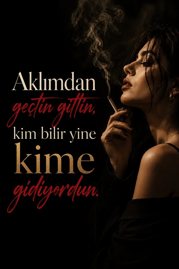 Karanlık fonda sigara içen kadın figürünün bulunduğu tasarımda “Aklımdan geçtin gittin, kim bilir yine kime gidiyordun.” sözü yazıyor.