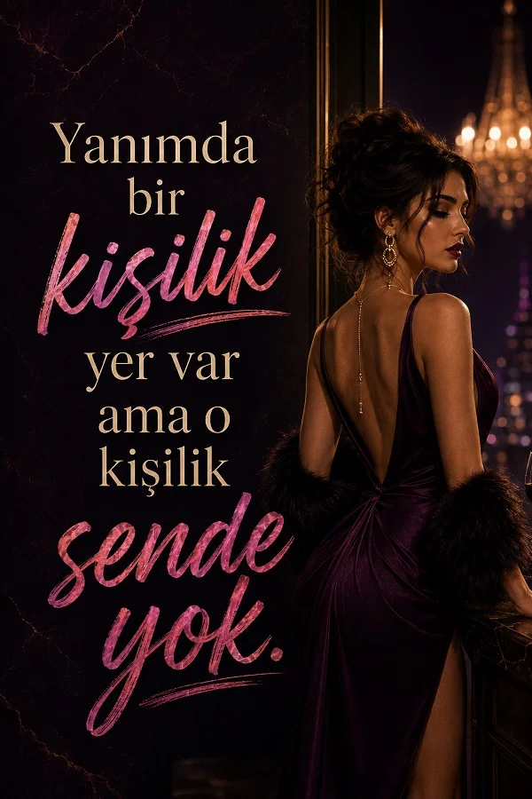 Şık elbiseli bir kadın figürünün yer aldığı gece temalı tasarımda “Yanımda bir kişilik yer var ama o kişilik sende yok.” sözü bulunuyor.