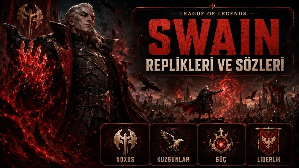 Swain replikleri ve sözleri başlıklı kapak tasarımında, kızıl büyü enerjisiyle çevrili Swain karakteri Noxus savaş alanında kuzgunlar ve karanlık atmosfer eşliğinde gösteriliyor.