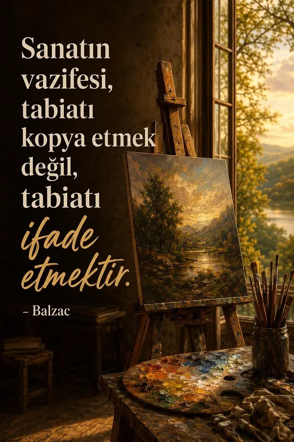 Atölye ortamında şövale üzerindeki manzara tablosu ve “Sanatın vazifesi, tabiatı kopya etmek değil, tabiatı ifade etmektir.” Balzac sözü.