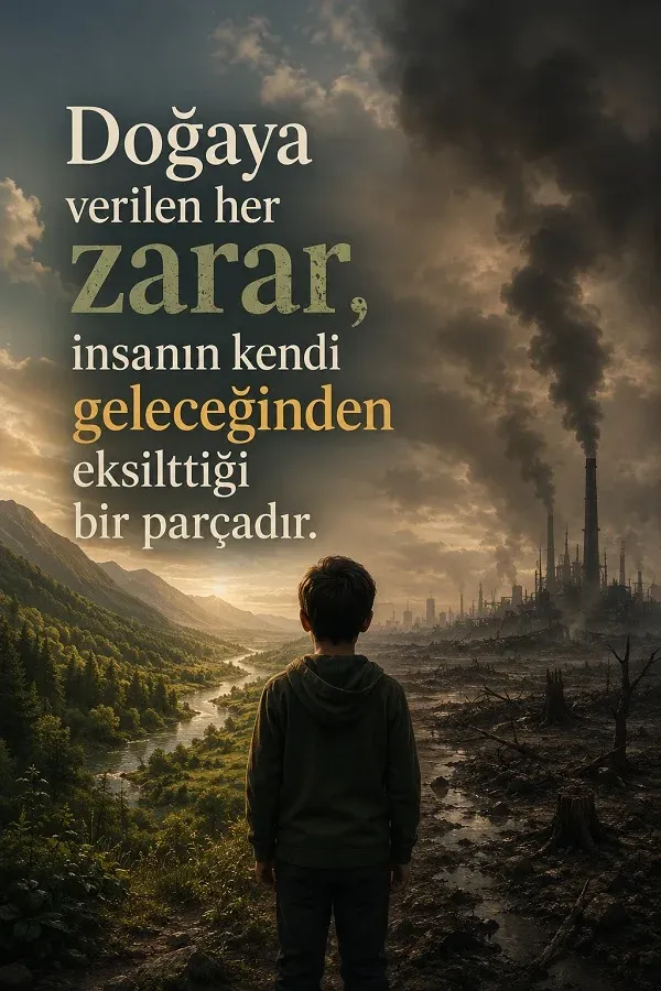 Doğal vadi ile kirlenmiş sanayi bölgesi arasında duran çocuk ve “Doğaya verilen her zarar, insanın kendi geleceğinden eksilttiği bir parçadır.” sözü.