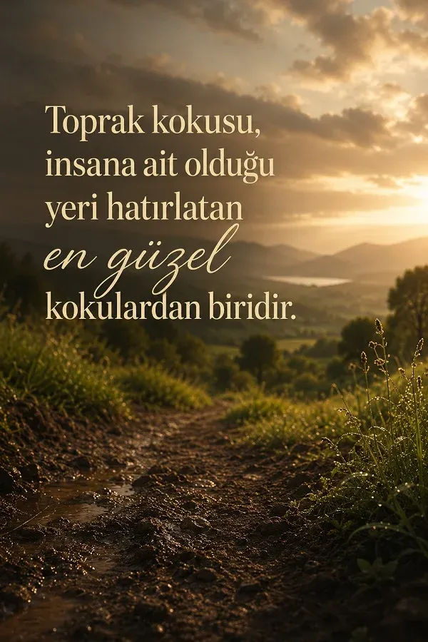 Çamurlu toprak yol, gün batımı manzarası ve “Toprak kokusu, insana ait olduğu yeri hatırlatan en güzel kokulardan biridir.” sözü.