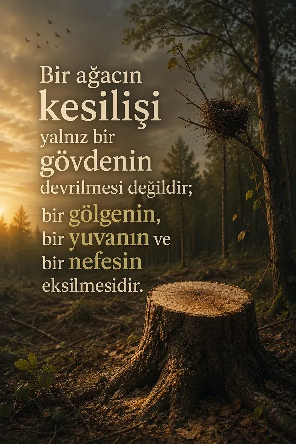 Orman içinde kesilmiş ağaç kütüğü, dalda kuş yuvası ve “Bir ağacın kesilişi yalnız bir gövdenin devrilmesi değildir; bir gölgenin, bir yuvanın ve bir nefesin eksilmesidir.” sözü.