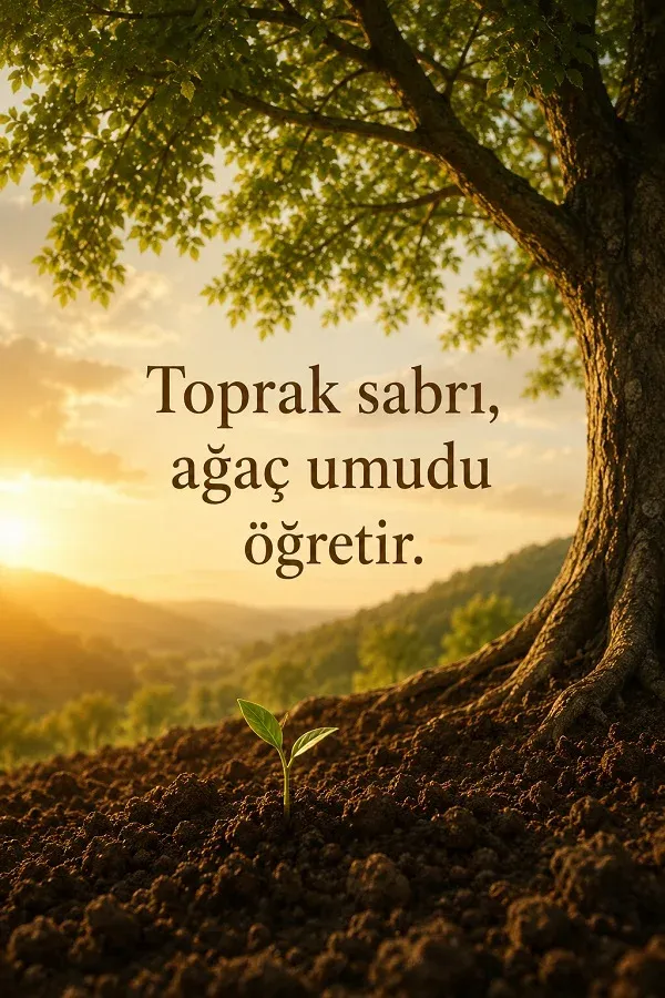 Büyük ağacın altında filizlenen küçük bitki ve “Toprak sabrı, ağaç umudu öğretir.” sözü.