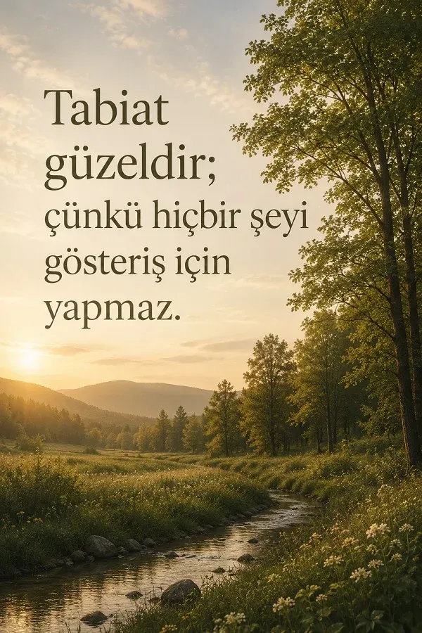Dere kenarında ağaçlar ve kır manzarası ile “Tabiat güzeldir; çünkü hiçbir şeyi gösteriş için yapmaz.” sözü.