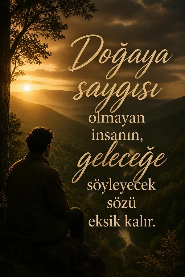 Vadi manzarasına bakan oturan adam ve “Doğaya saygısı olmayan insanın, geleceğe söyleyecek sözü eksik kalır.” sözü.
