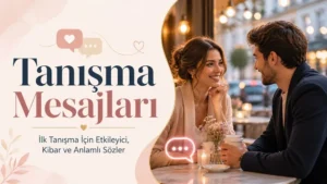 Tanışma mesajları başlıklı blog yazısı için kafe ortamında sohbet eden kadın ve erkek figürü ile hazırlanmış sıcak ve zarif kapak görseli.