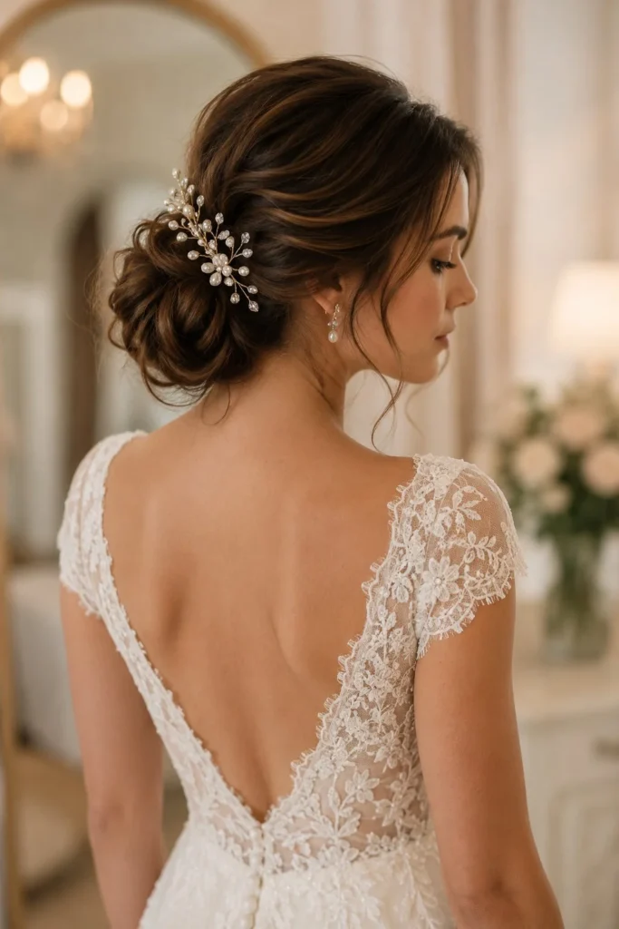 İnci ve kristal detaylı tarak aksesuarıyla tamamlanmış romantik dağınık topuz gelin saçı.