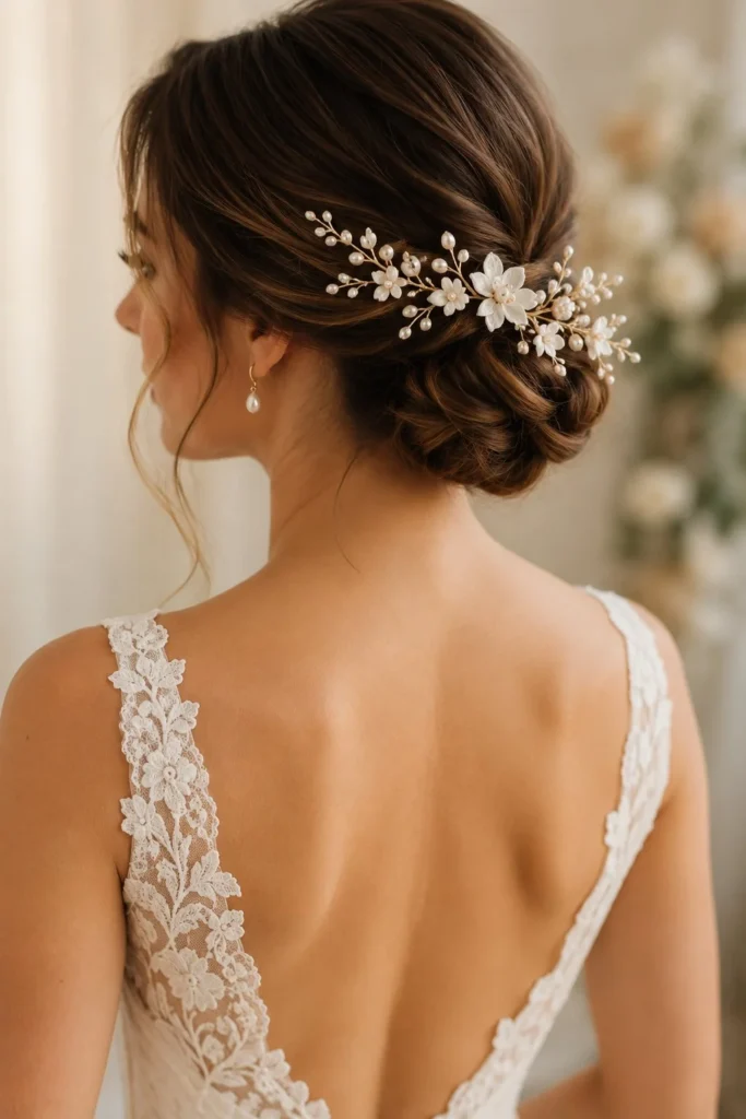 Çiçek ve inci detaylı tarak aksesuarıyla süslenmiş romantik düşük topuz gelin saçı.