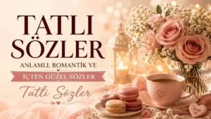 Tatlı sözler başlıklı, pembe güller, kahve fincanı, makaronlar, mum ışığı ve romantik pastel tonlarla hazırlanmış sevgi temalı kapak görseli.