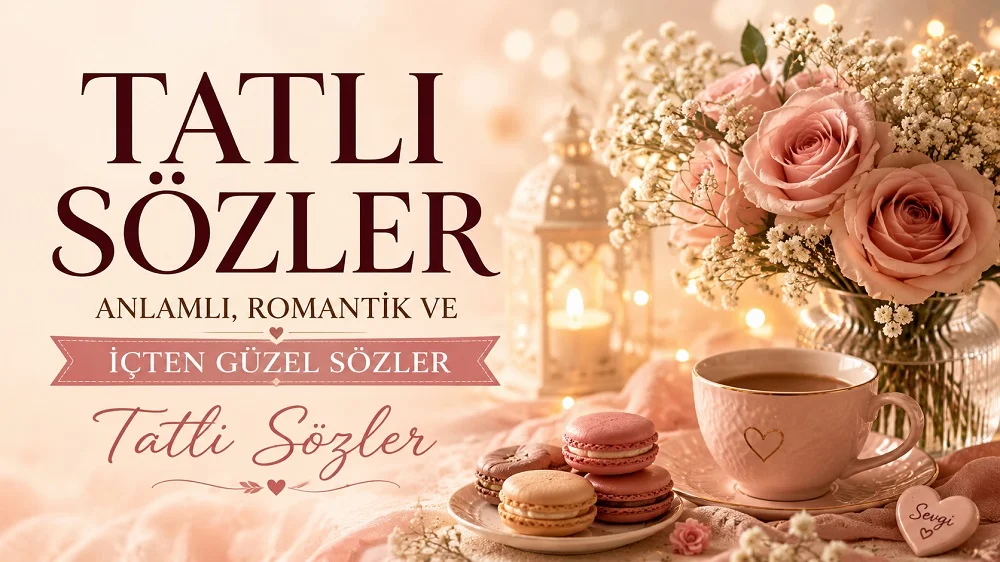 Tatlı sözler başlıklı, pembe güller, kahve fincanı, makaronlar, mum ışığı ve romantik pastel tonlarla hazırlanmış sevgi temalı kapak görseli.