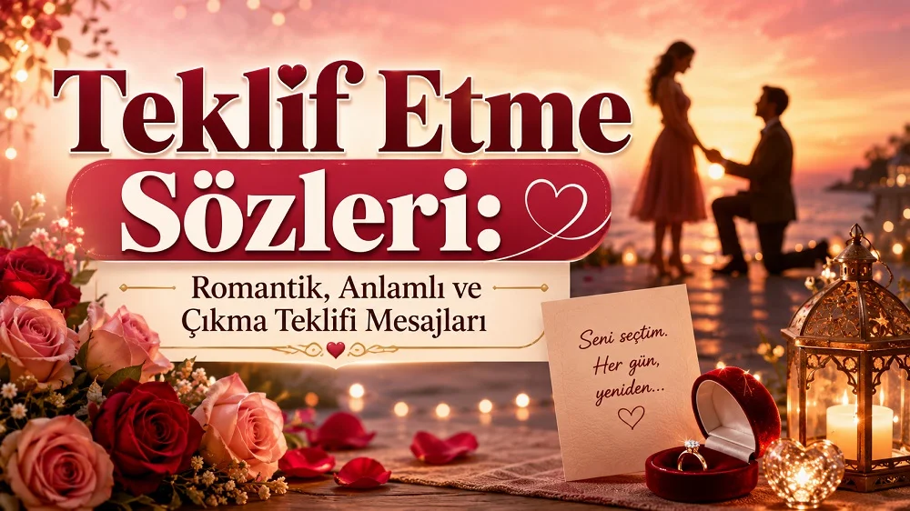 Gün batımı, güller, yüzük kutusu, aşk notu ve romantik teklif sahnesiyle hazırlanmış “Teklif Etme Sözleri” kapak görseli.