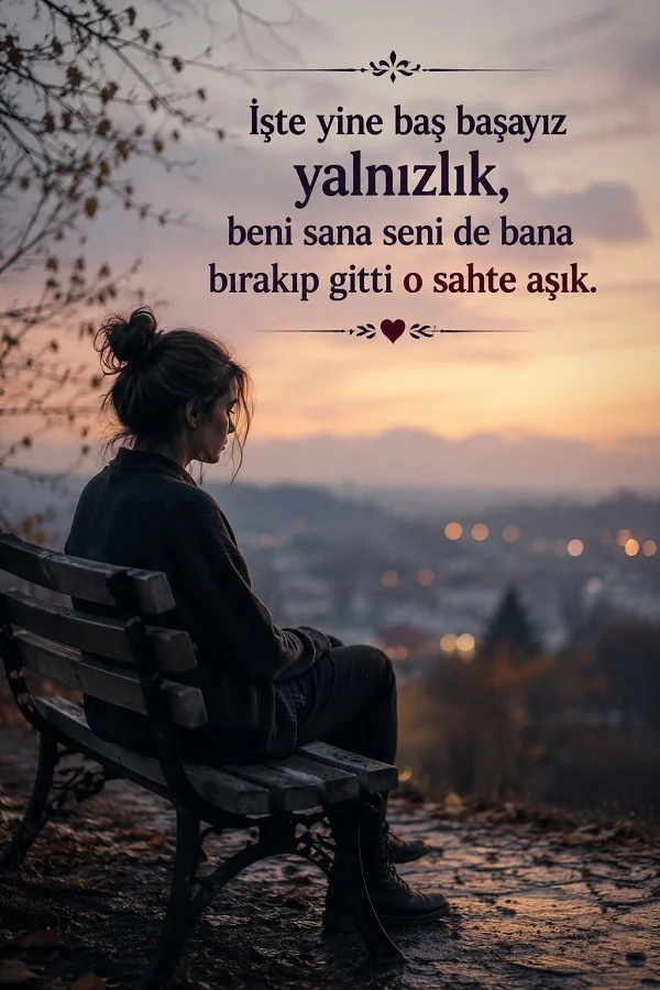 Akşam manzarasına karşı bankta oturan yalnız bir kadın ve “İşte yine baş başayız yalnızlık, beni sana seni de bana bırakıp gitti o sahte âşık.” sözü.