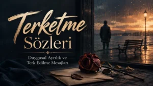 Yağmurlu ve hüzünlü bir manzarada solmuş gül, mektup, yalnız bank ve uzaklaşan kişi silüetiyle hazırlanmış “Terketme Sözleri” başlıklı duygusal kapak görseli.