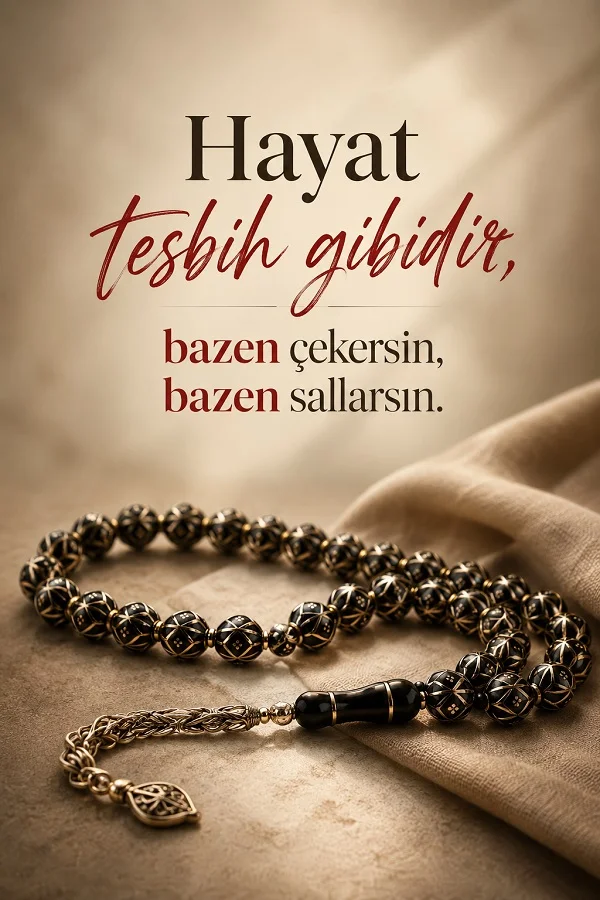 Açık zemin üzerinde duran bir tesbih ile hayatın tesbih gibi olduğunu anlatan anlamlı sözün yer aldığı tasarım.