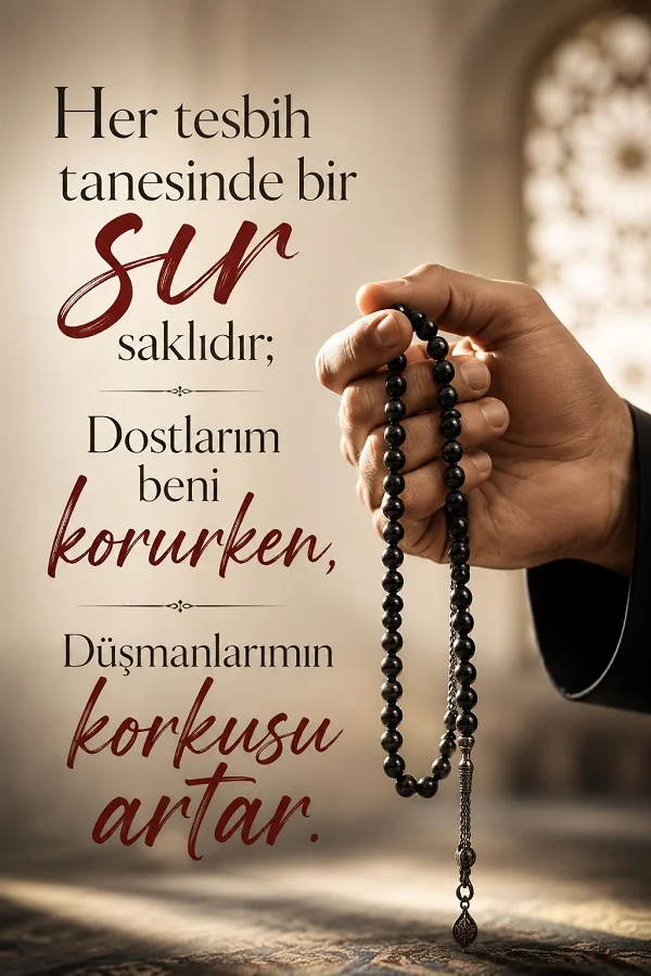 Elde tutulan siyah tesbih ile sır, dost ve düşman üzerine yazılmış anlamlı sözün bulunduğu tasarım.