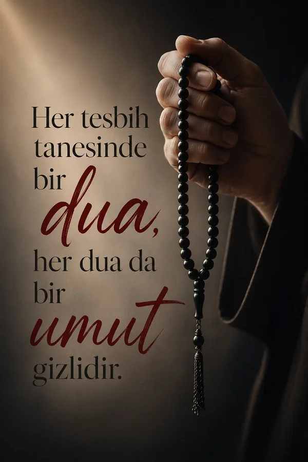 Koyu fonda elde tutulan tesbih ile her duada bir umut gizli olduğunu anlatan sözün yer aldığı görsel.
