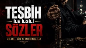 Karanlık ve dramatik bir ortamda elinde tesbih tutan takım elbiseli bir kişinin yer aldığı yatay kapak görselinde, sol tarafta “Tesbih ile ilgili Sözler” başlığı ve “Anlamlı, Ağır ve Racon Mesajlar” alt metni kırmızı, siyah, beyaz ve altın tonlarında yazılmıştır.