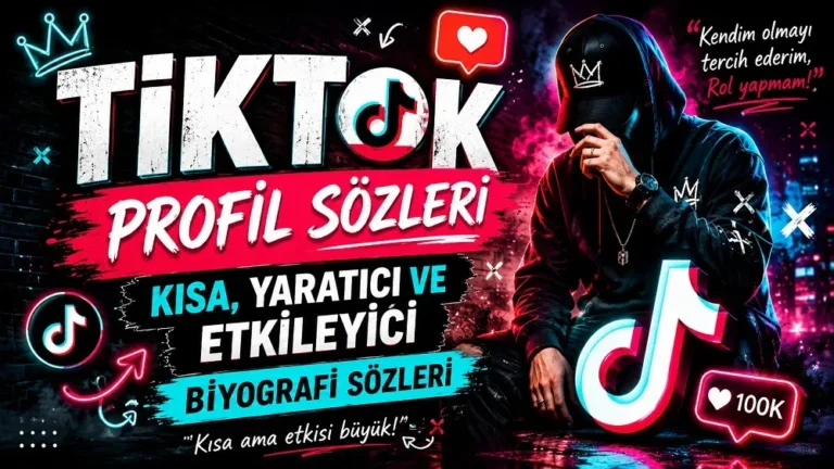 TikTok profil sözleri başlıklı, neon pembe ve mavi tonlarda hazırlanmış, kapüşonlu figür, TikTok ikonları ve dikkat çekici tipografi bulunan biyografi sözleri kapak görseli.