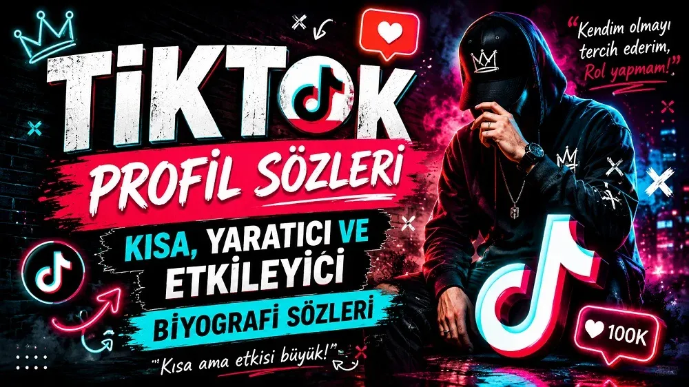 TikTok profil sözleri başlıklı, neon pembe ve mavi tonlarda hazırlanmış, kapüşonlu figür, TikTok ikonları ve dikkat çekici tipografi bulunan biyografi sözleri kapak görseli.
