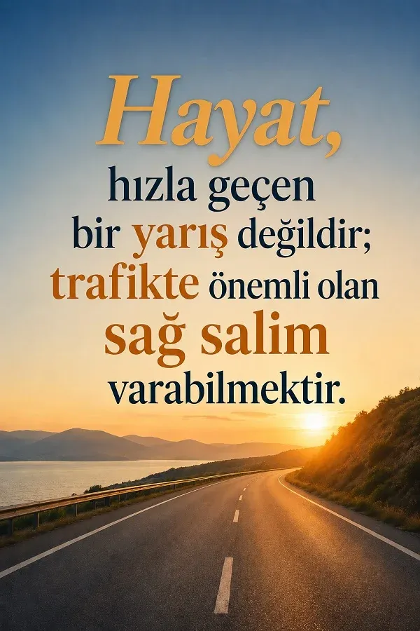 Gün batımında uzun yol ve trafik güvenliği üzerine anlamlı söz bulunan görsel