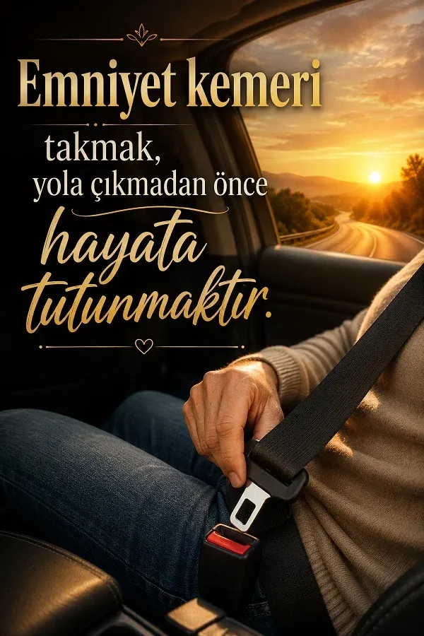 Araç içinde emniyet kemeri takan kişi ve trafik güvenliği sözü bulunan görsel