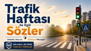 Trafik Haftası ile ilgili sözler başlıklı, trafik ışıkları ve yaya geçidi bulunan şehir yolu temalı kapak görseli