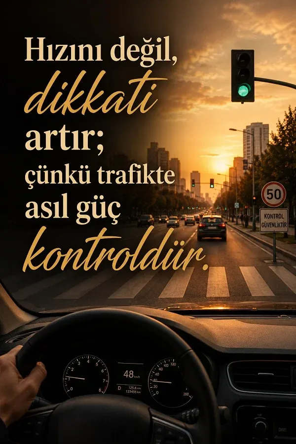 Direksiyon başından şehir trafiği görünümü ve kontrollü sürüş mesajı içeren görsel