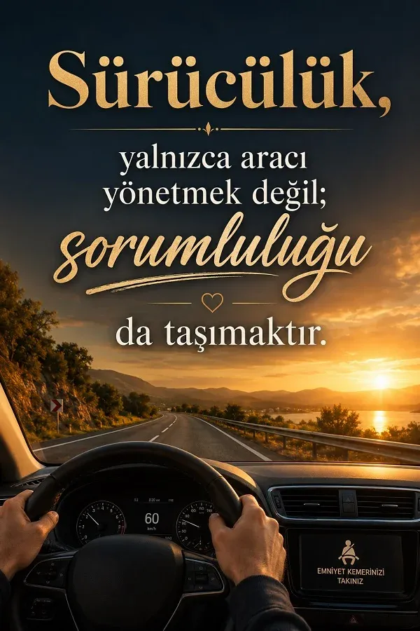 Gün batımında araç kullanan sürücü ve sorumlu sürücülük sözü bulunan görsel