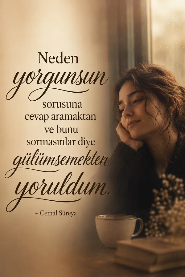 Pencere kenarında kahve fincanı yanında oturan kadın ve “Neden yorgunsun sorusuna cevap aramaktan ve bunu sormasınlar diye gülümsemekten yoruldum.” Cemal Süreya sözü yer alıyor.