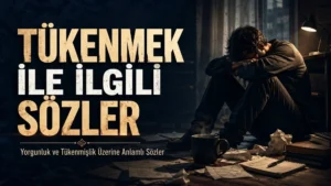 Koyu ve hüzünlü tonlarda hazırlanmış kapak görselinde, yerde oturan yorgun bir kişi, dağınık kâğıtlar, kitaplar, kahve kupası ve “Tükenmek ile İlgili Sözler” başlığı yer alıyor.