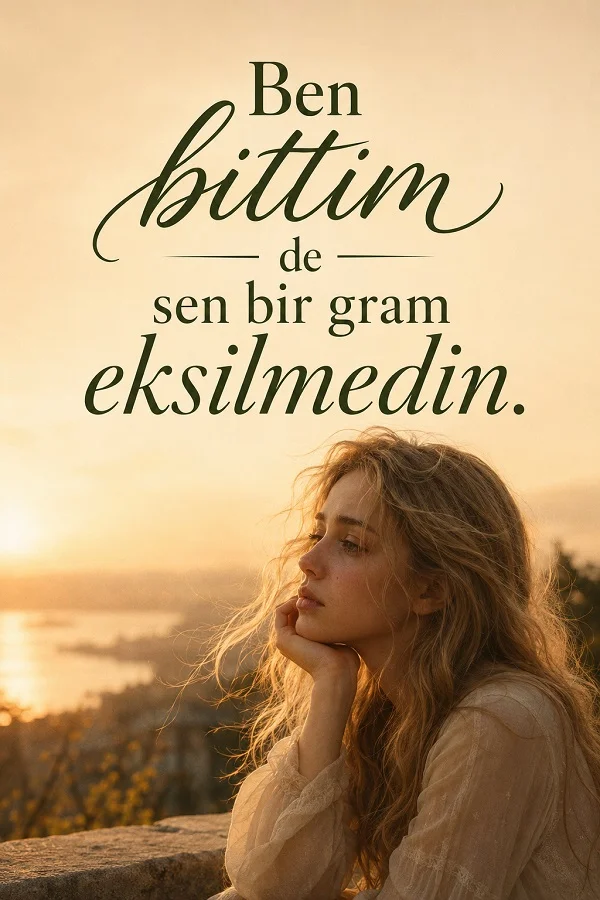 Gün batımında denize bakan hüzünlü kadın figürü üzerinde “Ben bittim de sen bir gram eksilmedin.” sözü bulunuyor.