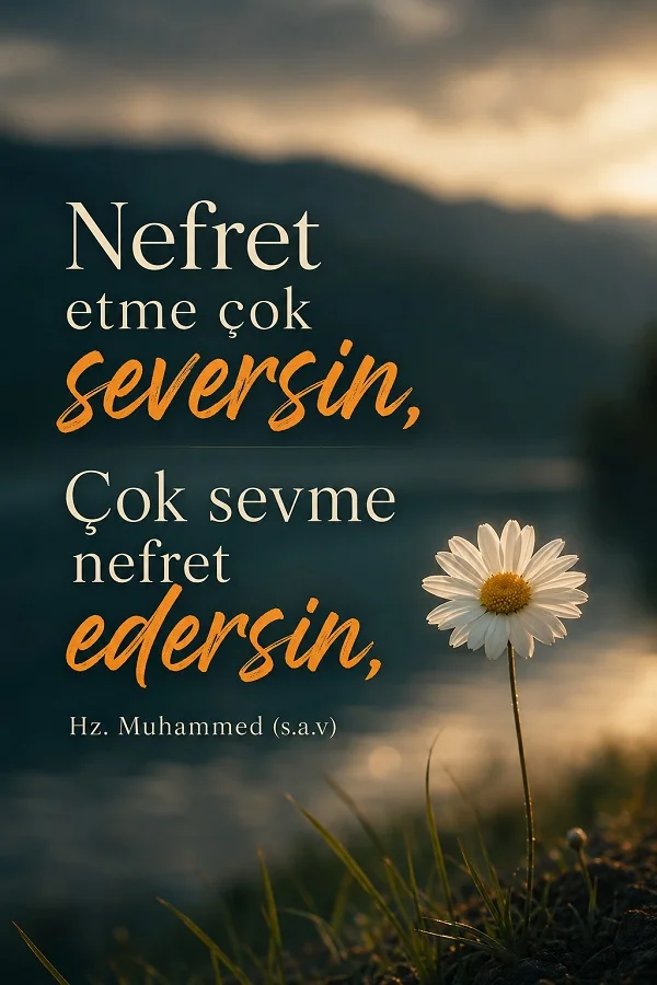 Göl kenarında papatya çiçeği eşliğinde “Nefret etme çok seversin, çok sevme nefret edersin” sözünün yer aldığı anlamlı söz tasarımı.