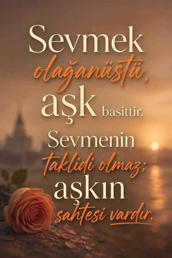 Gün batımı fonunda gül çiçeğiyle birlikte “Sevmek olağanüstü, aşk basittir. Sevmenin taklidi olmaz; aşkın sahtesi vardır” sözünün yer aldığı romantik anlamlı söz tasarımı.