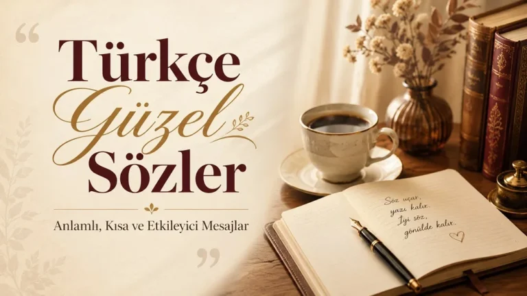 Sıcak ve zarif tonlarda hazırlanmış yatay kapak görselinde, sol tarafta “Türkçe Güzel Sözler” başlığı ve “Anlamlı, Kısa ve Etkileyici Mesajlar” alt metni yer alıyor. Sağ tarafta kahve fincanı, açık defter, kalem, kitaplar ve dekoratif çiçek detayları bulunuyor.