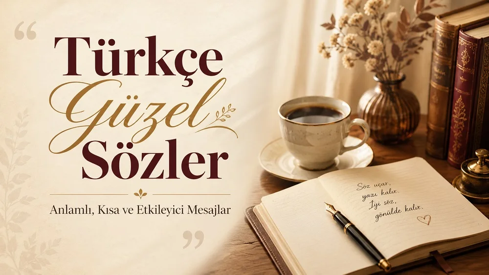 Sıcak ve zarif tonlarda hazırlanmış yatay kapak görselinde, sol tarafta “Türkçe Güzel Sözler” başlığı ve “Anlamlı, Kısa ve Etkileyici Mesajlar” alt metni yer alıyor. Sağ tarafta kahve fincanı, açık defter, kalem, kitaplar ve dekoratif çiçek detayları bulunuyor.