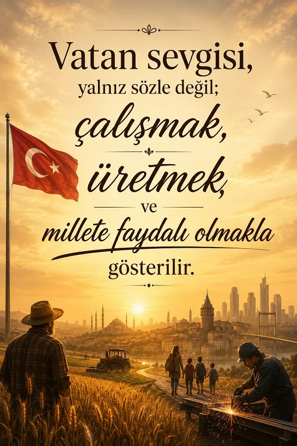 Türk bayrağı, tarla, işçi, aile ve şehir manzarası eşliğinde “Vatan sevgisi, yalnız sözle değil; çalışmak, üretmek ve millete faydalı olmakla gösterilir.” yazılı görsel.