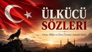 Türk bayrağı, bozkurt silüeti, dağ manzarası ve cami silüeti eşliğinde Ülkücü Sözleri başlığı yer alan anlamlı kapak görseli.