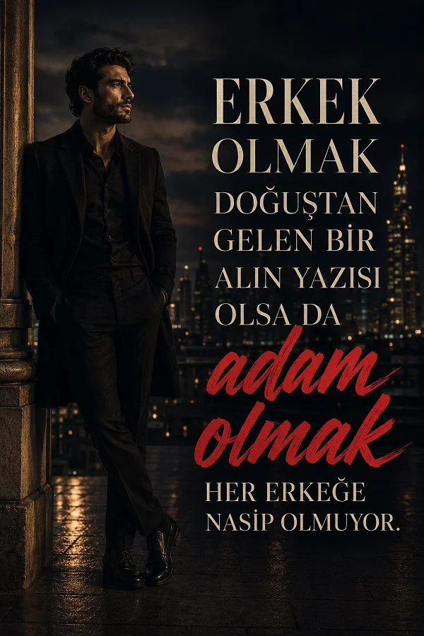 Gece şehir fonunda takım elbiseli bir erkek ve “Erkek olmak doğuştan gelen bir alın yazısı olsa da adam olmak her erkeğe nasip olmuyor.” sözünün yer aldığı karizmatik görsel.
