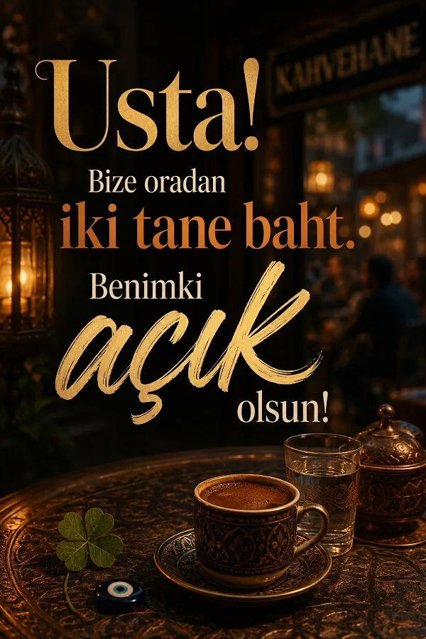 Kahvehane ortamında işlemeli masa üzerindeki kahve fincanı, su bardağı, yonca ve nazar boncuğu eşliğinde “Usta! Bize oradan iki tane baht. Benimki açık olsun!” sözünün yer aldığı tasarım.