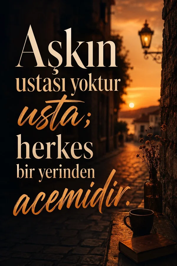 Gün batımında taş sokak manzarası, masa üzerindeki kahve fincanı ve kitap eşliğinde “Aşkın ustası yoktur usta; herkes bir yerinden acemidir.” sözünün yer aldığı tasarım.