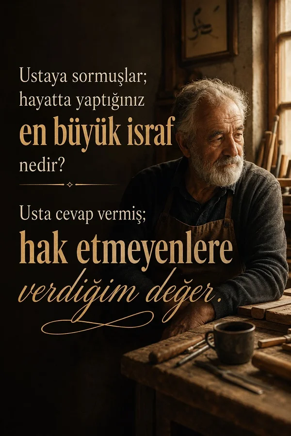 Ahşap atölyede pencere kenarında oturan yaşlı bir usta ile birlikte “Hayatta yaptığınız en büyük israf nedir? Hak etmeyenlere verdiğim değer.” sözünün yer aldığı tasarım.