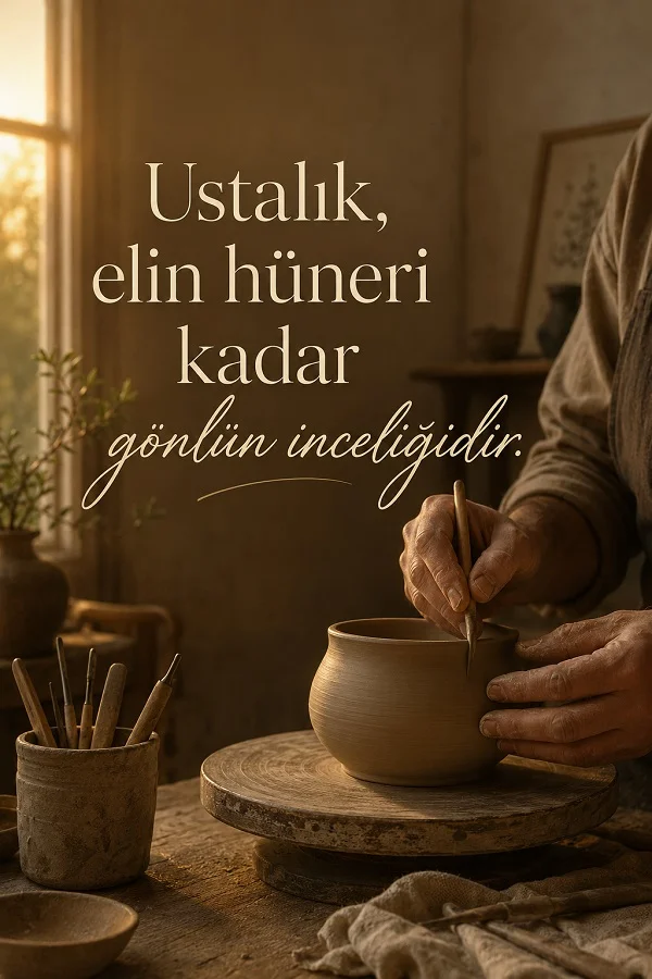 Çömlek yapan bir ustanın elleri ve çalışma masası eşliğinde “Ustalık, elin hüneri kadar gönlün inceliğidir.” sözünün yer aldığı sıcak tonlu tasarım.
