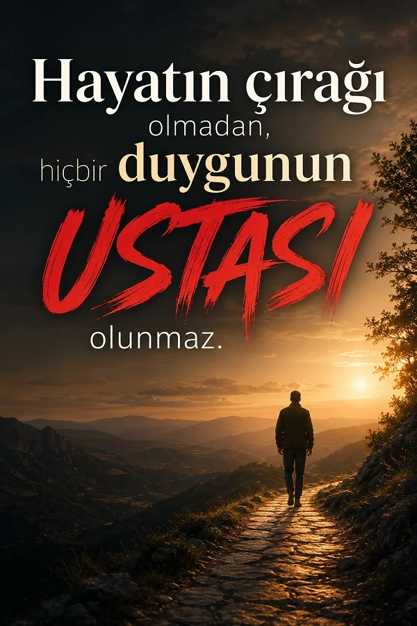 Gün batımında taş yolda yürüyen yalnız bir insan figürü ile “Hayatın çırağı olmadan, hiçbir duygunun ustası olunmaz.” sözünün yer aldığı manzaralı tasarım.